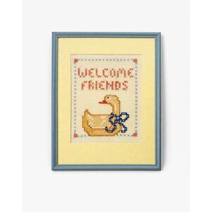 Embroidery Cross Stitch Wall Decor Framed Welcome Friends Vintage Duck Goose 198